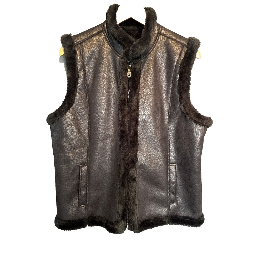 Vtg 90s Y2K Jaclyn Smith Vegan Faux Fur Lined Vest XL Black Crackle Snake Goth